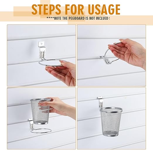 6 Set Slatwall Cups with Hook Loops, Mesh Steel Slatwall Tool Holder Bin Cups Pencil Holder Metal Slat Wall Organizer Accesories for Craft Garage Workshop Office Storage(Medium,Silver)