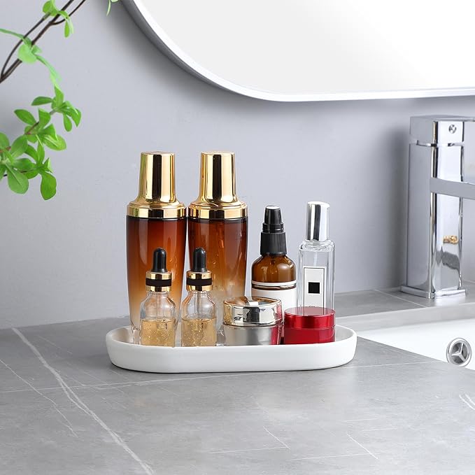 Eyrozia White Round Soap Dispenser Tray - 8'' Ceramic Vanity Tray for Bathroom Decorative, Jewelry Ring Dish, Comestic Holder, Kitchen Sink Countertop Organizer Plate