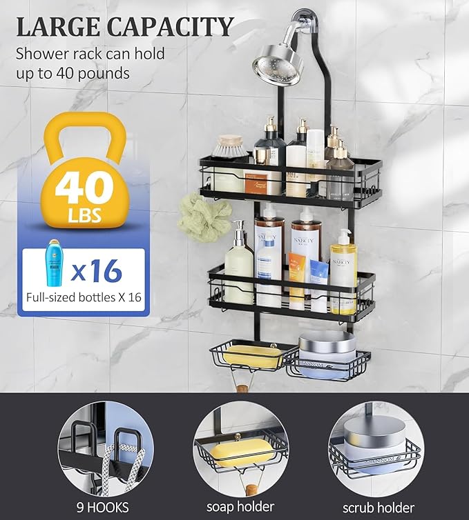 OMAIRA Shower Caddy Hanging with Soap Scrub Holder, Stainless Steel Adjustable No Drilling Non-Slip Large Capacity Sturdy Over Shower Head Shower Organizer Inside Shelves Bathroom Storage Rack, Black