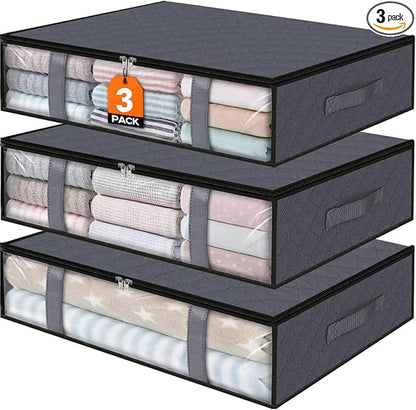 StorageRight Under Bed Storage Bins, 3-Pack 40L Foldable Fabric Storage Bags with Transparent Window, Breathable Organizer for Clothes/Blanket/Comforter/Quilt, Grey
