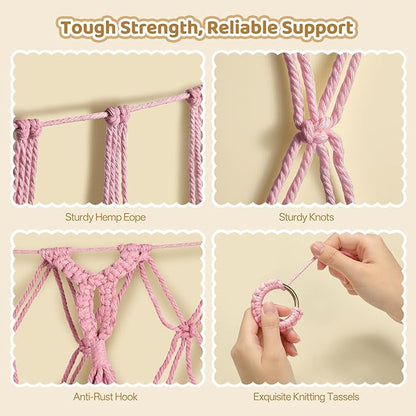 Yecaye 60 IN Stuffed Animal Net Hammock Large, Hanging Stuffed Animal Storage with Handmade Macrame Tassels, Net for Stuffed Animals Corner Large for Nursery Living Room Wall Decoration, Fairy Pink