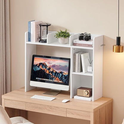 Desktop Bookshelf, Wooden Desk Storage Hutch with 5 Shelves, 3-Tier Desktop Display Organizer Rack for Office Home (White, 5 Shelves A)