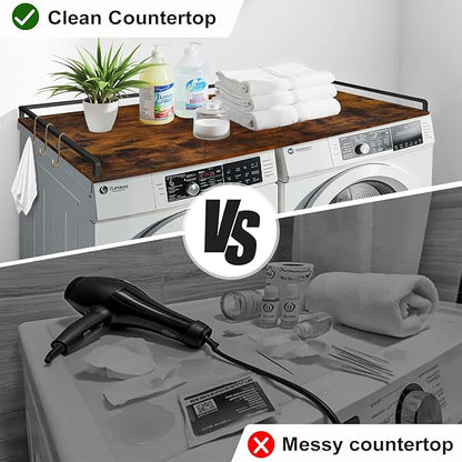 Washer Dryer Countertop, 27.5" D x 54" W Wood Washer Dryer Shelf Topper with 2.6" H Metal Edge and Anti-Skid Pads, for Laundry Room Storage and Organization, Folding Clothes(Brown)
