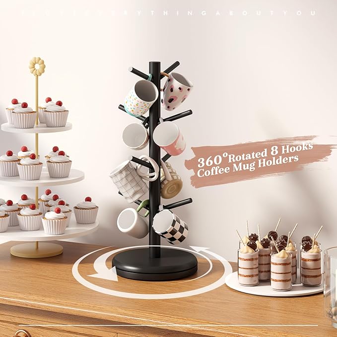 Mug Holder Tree 360° Rotated Mug Tree Coffee Cup Holder Bamboo Rack Stand 8 Hooks for Countertop Cup Rack Kitchen Coffee Bar Organizer Decorative Mug Racks (Black)