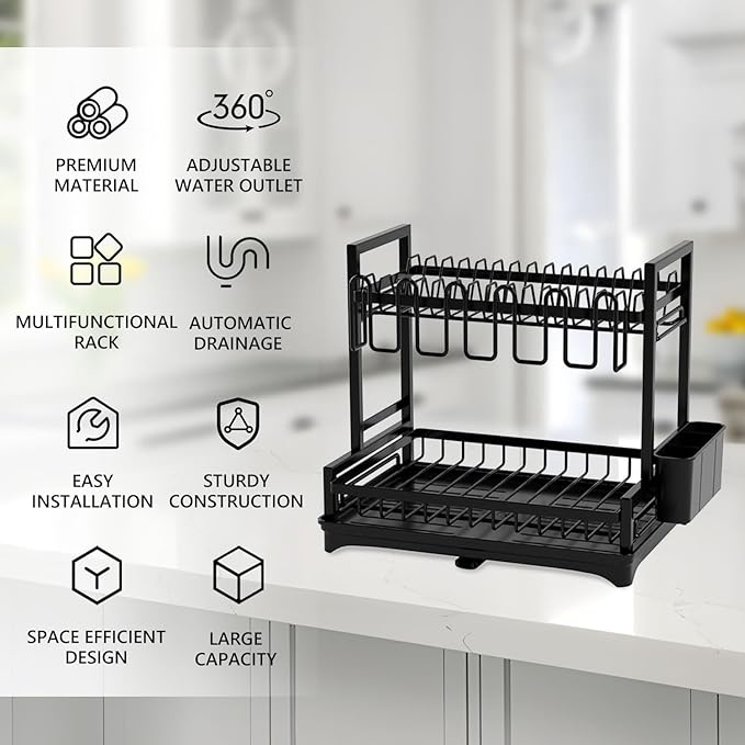 Stelive 2-Tier Dish Drying Rack for Kitchen Counter, Dish Drainer Dish/Cup/Cutlery Holder Dish Drainer Rack 2 Tier Dish Racks with Utensils Holder, Drainboard & 360° Telescopic Drain Pipe (Black)