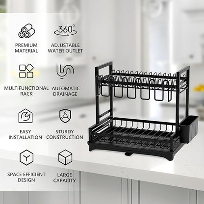 Stelive 2-Tier Dish Drying Rack for Kitchen Counter, Dish Drainer Dish/Cup/Cutlery Holder Dish Drainer Rack 2 Tier Dish Racks with Utensils Holder, Drainboard & 360° Telescopic Drain Pipe (Black)