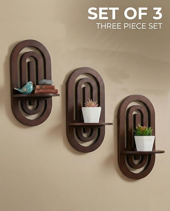 Boho Decor Wall Floating Shelves with Oval Wood Design,Dark Brown Wood Display Rack,Three-Piece Set,Suitable for Both Home and Office