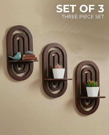 Boho Decor Wall Floating Shelves with Oval Wood Design,Dark Brown Wood Display Rack,Three-Piece Set,Suitable for Both Home and Office