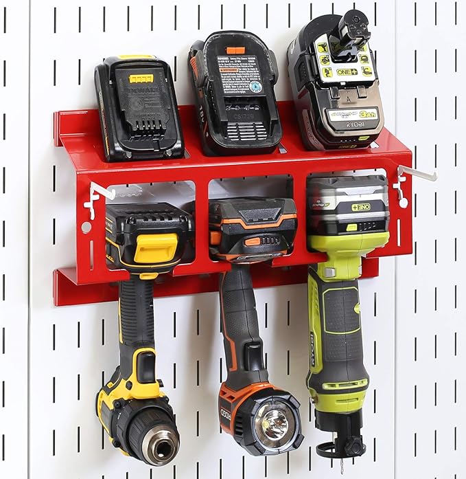Wall Control Drill Holder Power Tool Storage Rack - Compact Impact Drill Battery Power Tool Pegboard Organizer Pegboard (Red)
