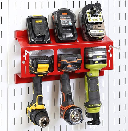 Wall Control Drill Holder Power Tool Storage Rack - Compact Impact Drill Battery Power Tool Pegboard Organizer Pegboard (Red)