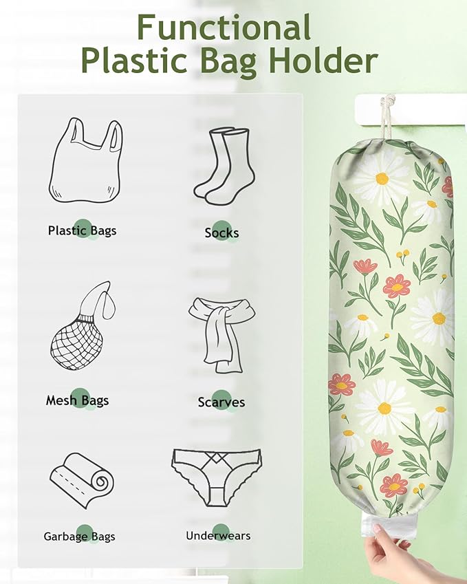 Plastic Bag Holder, Grocery Bag Organizer - 1 Pack Cute Kitchen Dispenser Holders Reusable Shopping Western Hanging Wall with Adjustment Drawstring Closure for Women Home, Daisy