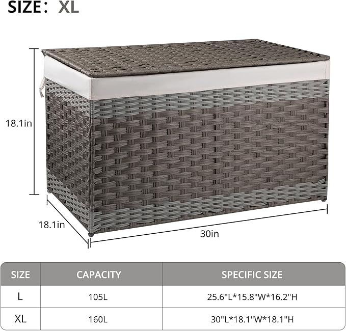 OIAHOMY Storage Basket with Lid, 42.3 Gallon (160L) Blanket Basket with Removable Liner Bag, Synthetic Wicker Hamper with Handle, Foldable, Hamper for Living Room, Grey