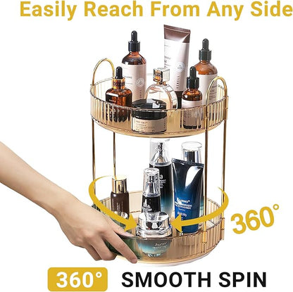 Asayuee 360 Rotating Gold Makeup Organizer,2 Tier Large Capacity Rotating Makeup Organizer,SkincarePerfume Organizer,Bathroom Cosmetics Storage Organizer Countertop (Gold-2 Tier)