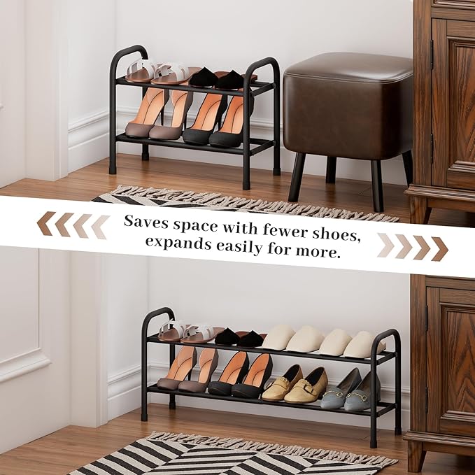 Expandable Shoe Rack, 2-Tier Metal Small Shoe Rack, Adjustable Shoes Organizer, Storage Shelf for Closet, Entryway, Black