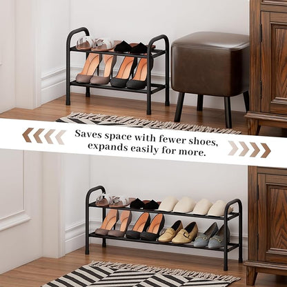 Expandable Shoe Rack, 2-Tier Metal Small Shoe Rack, Adjustable Shoes Organizer, Storage Shelf for Closet, Entryway, Black