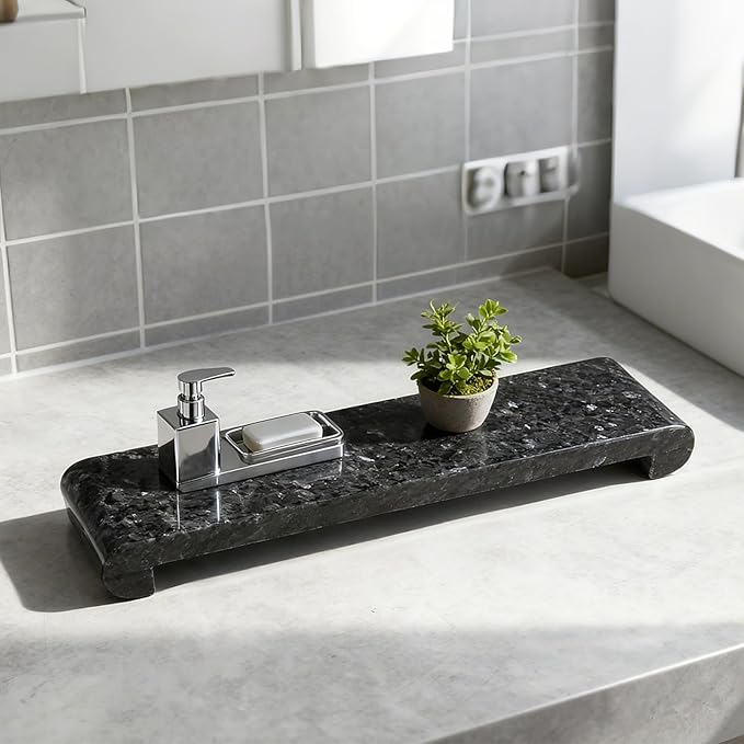 Natural Marble Pedestal Stand, Marble Tray 4.02" x 15.98" for Kitchen Counter, Bathroom, Home Decor, Small Plant Tray Soap Dish Holder for Jewelry, Vanity, Counter Luxury Decorative Tray (Blue Pearl)