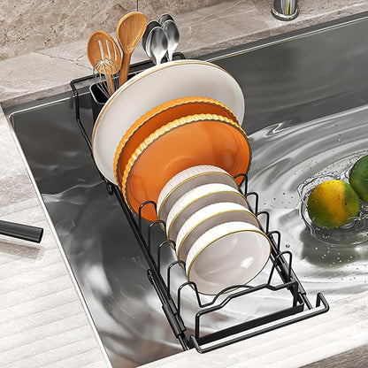 Small Sink Dish Drying Rack - Expandable Dish Rack Over Sink with Drainboard, Adjustable Dish Drainer with Utensil Holder, Compact Plate and Bowl Rack for Kitchen Counter,Black