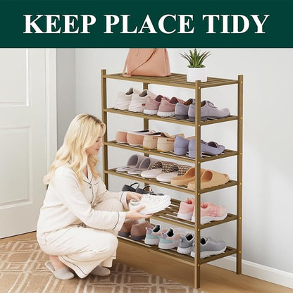 Smiry Bamboo Shoe Rack 6-Tier, Stackable Wooden Shoe Organizer for Entryway & Closet, Free Standing Wood Shoe Storage Shelf for Front Door & Small Spaces, Walnut