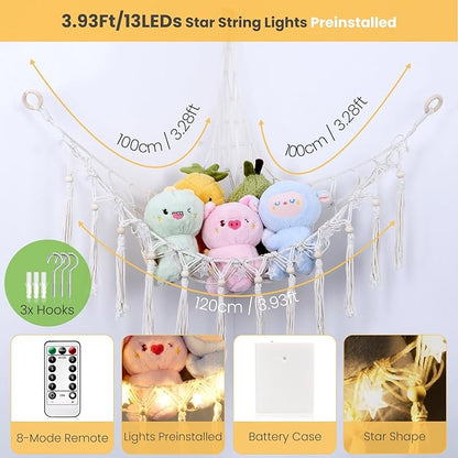 Stuffed Animal Hammock with 13LEDs Star Lights, 47in Toy Storage Macrame Hammock, Hanging Toy Net for Kids Bedroom Doll Room Corner Organizer, Battery Powered Toy Hammocks with Remote(Star, Large)