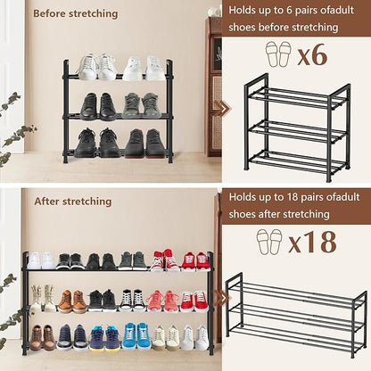 3-Tier Expandable Shoe Rack, 【17“-41“ 】Metal Shoe Shelf Organizer Storage, Adjustable Shoe Shelf Storage Organizer for Entryway/Closet, Space-Saving Shoes Shelfs for Large Families & Renters