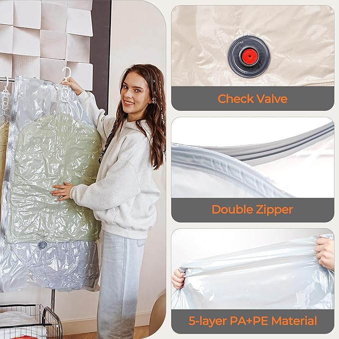 Hanging Vacuum Storage Bags 8 Pack Hanging Vacuum Seal Bags for Clothing Coat Storage Suit Bags, Hanging Plastic Clothes Cover for Coat Dress Fur Shirt Vacbird