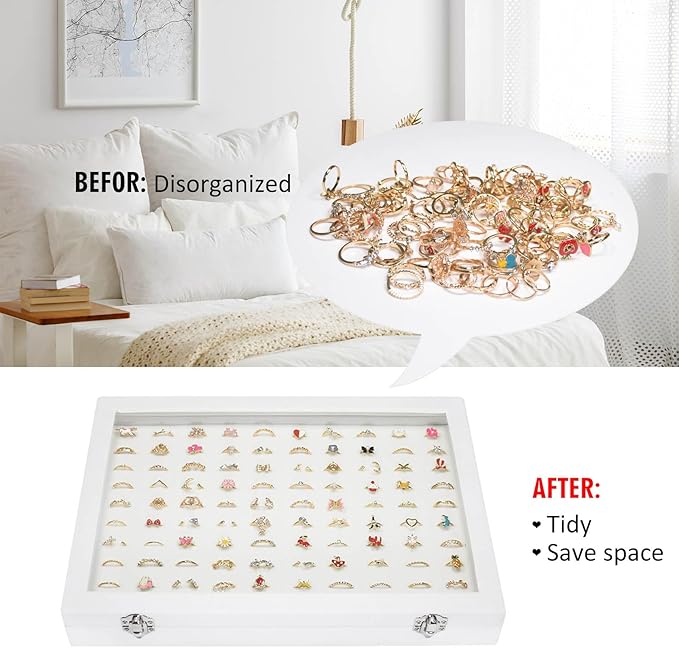 Rings Organizer Tray 100 Slot Velvet Ring Earring Storage Box TranSparent Cover Jewelry Store Ring Display Box Jewelry Display Cabinet for Girl Wife Mother