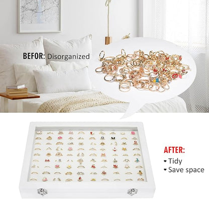 Rings Organizer Tray 100 Slot Velvet Ring Earring Storage Box TranSparent Cover Jewelry Store Ring Display Box Jewelry Display Cabinet for Girl Wife Mother
