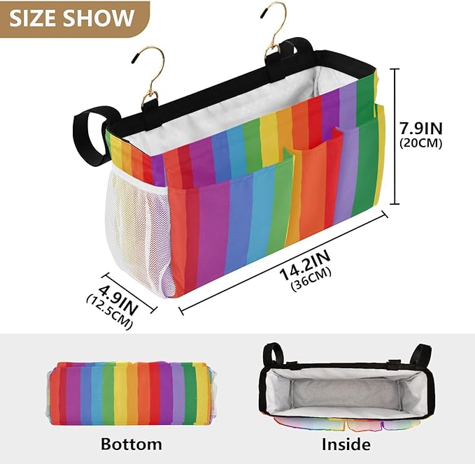 CuwrYet Bedside Caddy Hanging Bunk Bed Caddy Bed Organizer Hanging Pocket with 2 Hooks Bedside Storage Organizer Pocket Bag Holder Vibrant Colorful Stripes