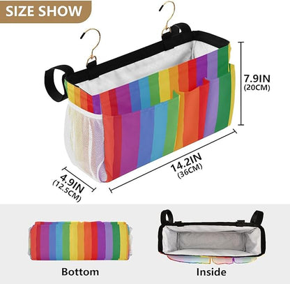 CuwrYet Bedside Caddy Hanging Bunk Bed Caddy Bed Organizer Hanging Pocket with 2 Hooks Bedside Storage Organizer Pocket Bag Holder Vibrant Colorful Stripes