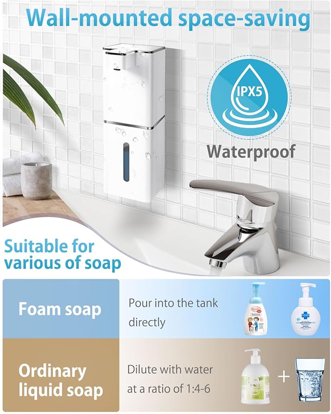 JEMISUN Automatic Foaming Soap Dispenser Touchless 380ml/12.8oz Rechargeable Hand Soap Dispenser Wall Mounted 4 Levels Adjustable Foam Soap Pump for Bathroom Kitchen Dish Soap