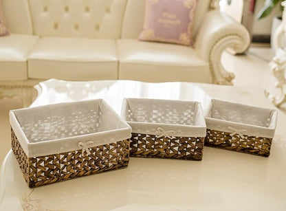 Rectangular Woven Seagrass Storage Bins with Handle,Kingwillow. (water hyacinth, Set of 3)