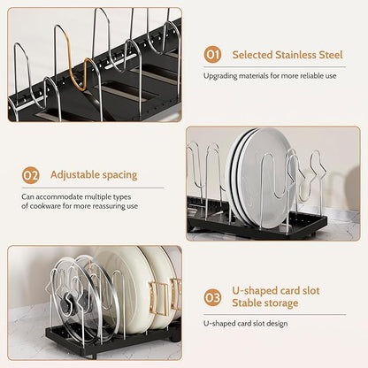 CEHNCEH Pots and Pans Organizer under Cabinet for Cabinet and Countertop Longest 28.5 in Foldable Adjustable 8-Tier Pan Organizer Rack Perfect to Store Pots, Kitchen Cabinet Organizer (Black)