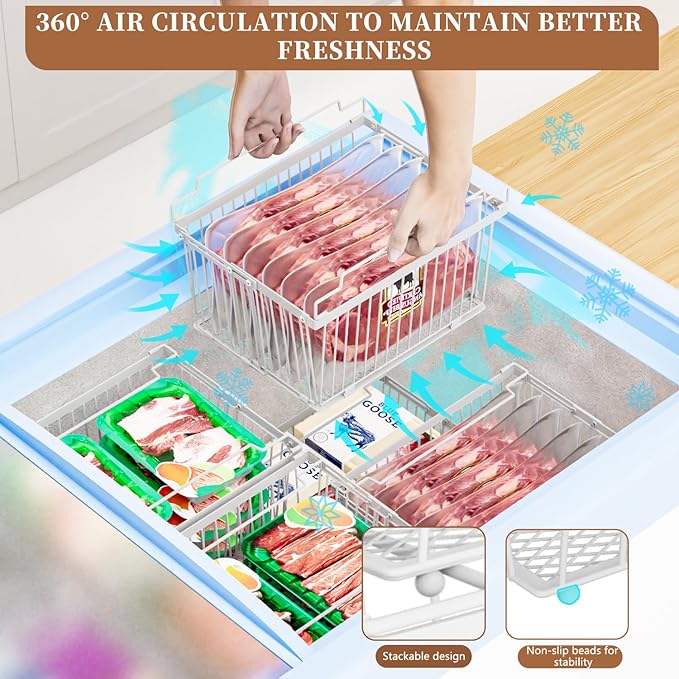 ANJUBAN Large Freezer Organizer Bins，Upgraded Bottom Leak-Proof net，Fit 5 to 9 Cu Ft Chest Freezer，5 Pack， Expandable Stackable Chest Freezer Containers with Handle (White-5P)