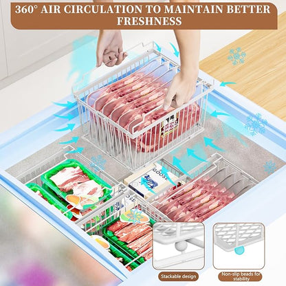 ANJUBAN Large Freezer Organizer Bins，Upgraded Bottom Leak-Proof net，Fit 5 to 9 Cu Ft Chest Freezer，5 Pack， Expandable Stackable Chest Freezer Containers with Handle (White-5P)