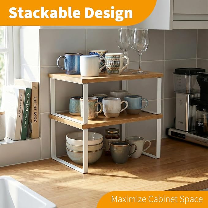 2 Pack Cabinet Organizer Shelf, Coffee Cup Organizer for Cabinet, Stackable and Expandable, Wood Kitchen Counter Shelves with Metal Legs, with Easy-Install Tool, for Mug and Cup Storage