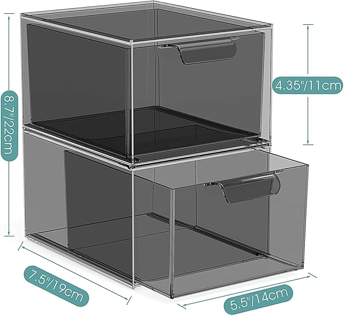 3 Pack Stackable Makeup Organizer and Storage, Acrylic Organizers，Clear Plastic Storage Drawer with Pull-Out Handles for Vanity, Undersink, Kitchen Cabinets, Pantry, Black