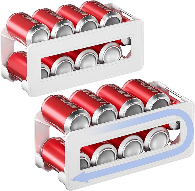 2 Pack Soda Can Organizer,Can Dispenser for Refrigerator Drink Storage Rack for Standard and Tall Can Pop Can Holders for Pantry Cabinet White
