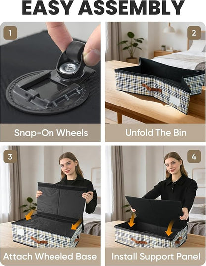 TOSKING Under Bed Storage with Wheels (2 Pack) with 4 Vacuum Bags, 7.9" Height Rolling Underbed Storage Containers, 900D Oxford Heavy Duty Drawer, 80lbs Load Organizer for Clothes, Shoes, Houndstooth