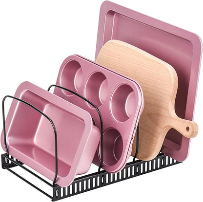 Toplife 10+ Bakeware Organizer Rack for Kitchen Bakeware, Cookware, Dinnerware, Cutting Boards, Plates, Pot and Pan Lids (Black)