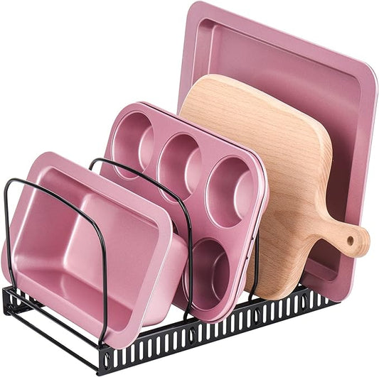 Toplife 10+ Bakeware Organizer Rack for Kitchen Bakeware, Cookware, Dinnerware, Cutting Boards, Plates, Pot and Pan Lids (Black)