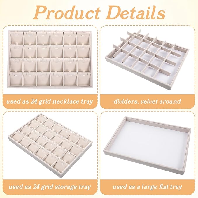 2 Pcs 24 Grids Stackable Jewelry Tray Organizer with Removable Dividers, Velvet Jewelry Display Tray for Earrings Necklaces Bracelet Rings Display Showcase - Beige