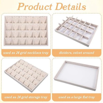 2 Pcs 24 Grids Stackable Jewelry Tray Organizer with Removable Dividers, Velvet Jewelry Display Tray for Earrings Necklaces Bracelet Rings Display Showcase - Beige