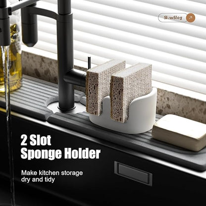 Slow Slog Double Sponge Holder, 2 Slot Diatomite Stone Sponge Holder, Absorbent Sponge Stand for Kitchen Sink, Quick Dry Sponge Caddy Kitchen Sink Organizer, White