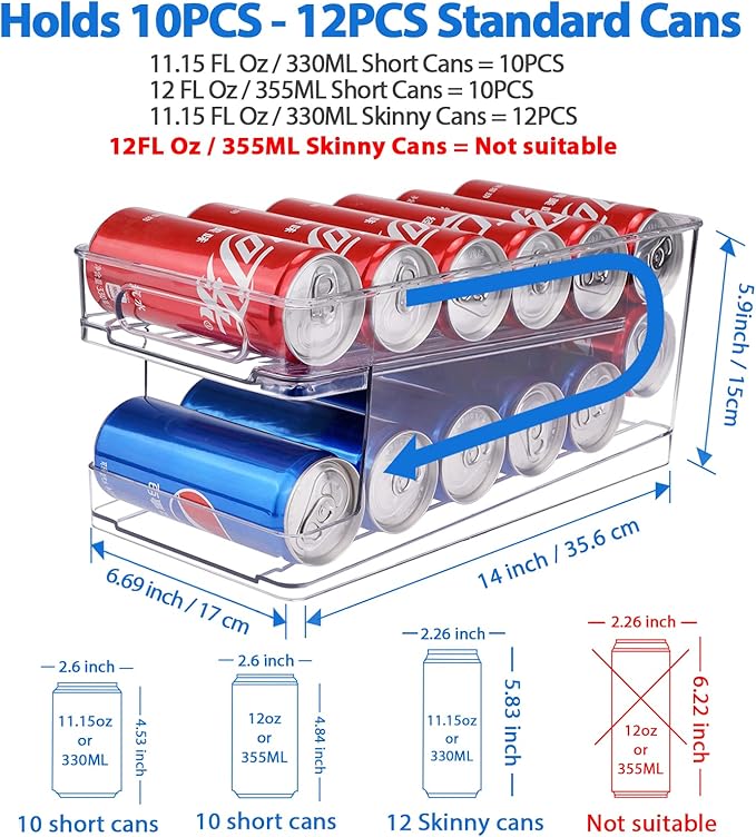 BingoHive Rolling Soda Can Organizer for Refrigerator Can Dispenser for Beer Soda Seltzer Pop Can Soda Organizer for 10 Standard Size 11.15oz or 12oz Cans Holder Storage Pantry Organization