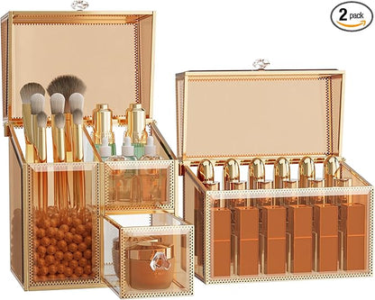 CoralHouse Makeup Organizer Countertop Set – Vanity Holder with 18-Slot Lipstick Organizer & Covered Makeup Brush Holder – Skincare, Perfume & Cosmetic Display for Bathroom or Dresser