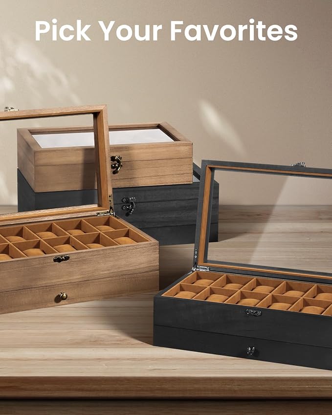 Uten 12-Slot Watch Box, 2-Layers Solid Wood Watch Display Case with Glass Lid, Watch Holder Organizer with Soft Pillow and Velvet Lining, Watch and Jewelry Storage Box, Brown