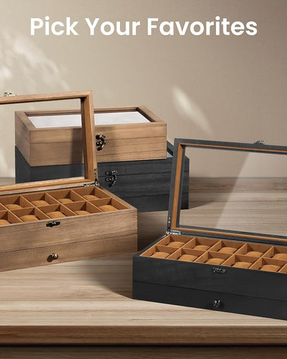 Uten 12-Slot Watch Box, 2-Layers Solid Wood Watch Display Case with Glass Lid, Watch Holder Organizer with Soft Pillow and Velvet Lining, Watch and Jewelry Storage Box, Brown