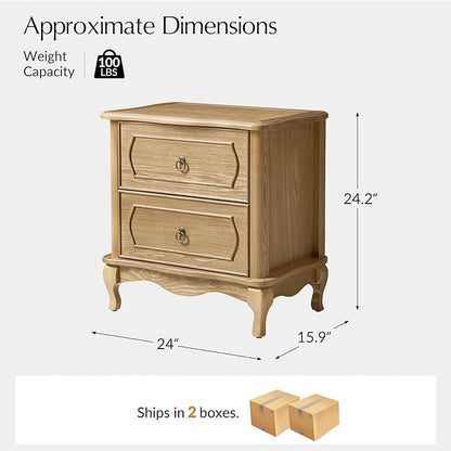 HULALA HOME Nightstand Set of 2 with 2 Drawers of Sculpted Drawer Front, French End Table with Curved Tabletop, Vintage Night Stand with Charging Station, Solid Wood Legs(Oak)