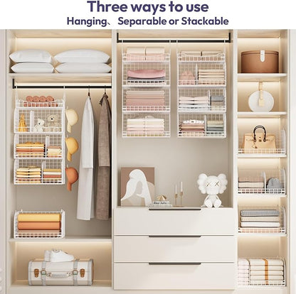 SWTYMIKI Hanging Closet Organizer Storage - 4 Tier Metal Stackable Hanging Closet Shelves with Dividers and S Hooks, Foldable Clothes Shelves for Clothes, Pants, Shoes, Coat, Hats Clutches Accessories