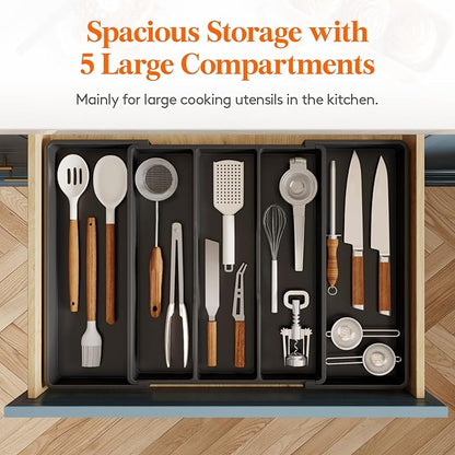 Lifewit Utensil Organizer for Kitchen Drawers, Expandable Cooking Utensil Tray, Adjustable Cutlery Silverware Flatware Holder, Plastic Spatula Tools and Gadgets Storage Divider, Black, 16"-28" x 18.5"